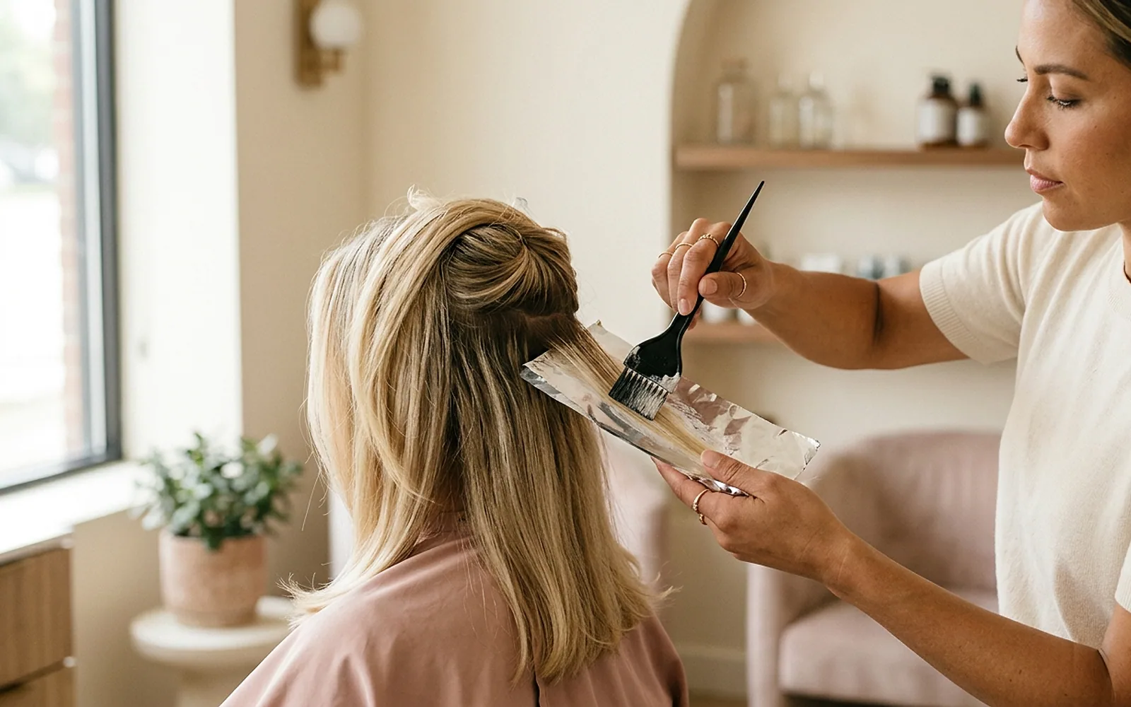 Detalhe de aplicação de descoloração em mechas durante clareamento