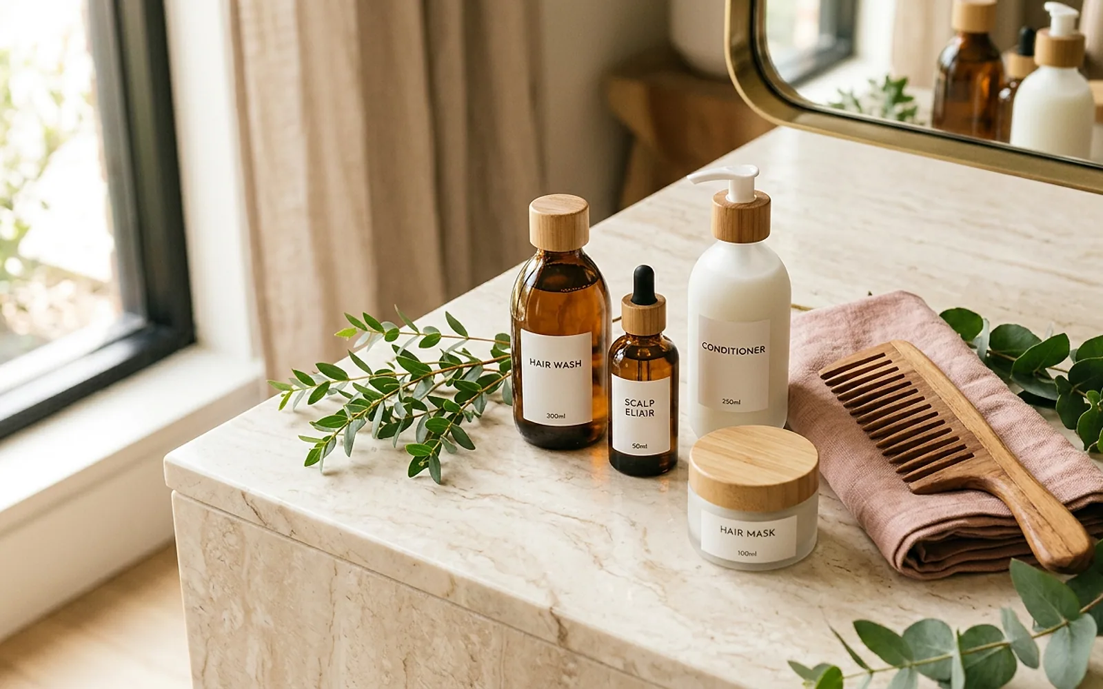 Produtos de tratamento capilar sem marca dispostos sobre superfície clara