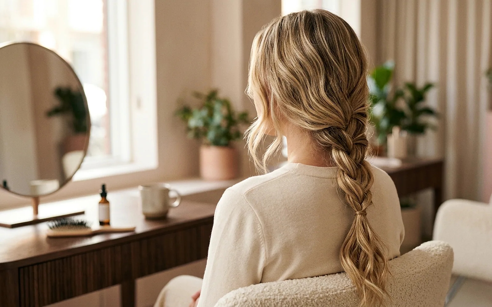 Cabelo longo com mechas loiras em rotina de cuidado entre visitas ao salão