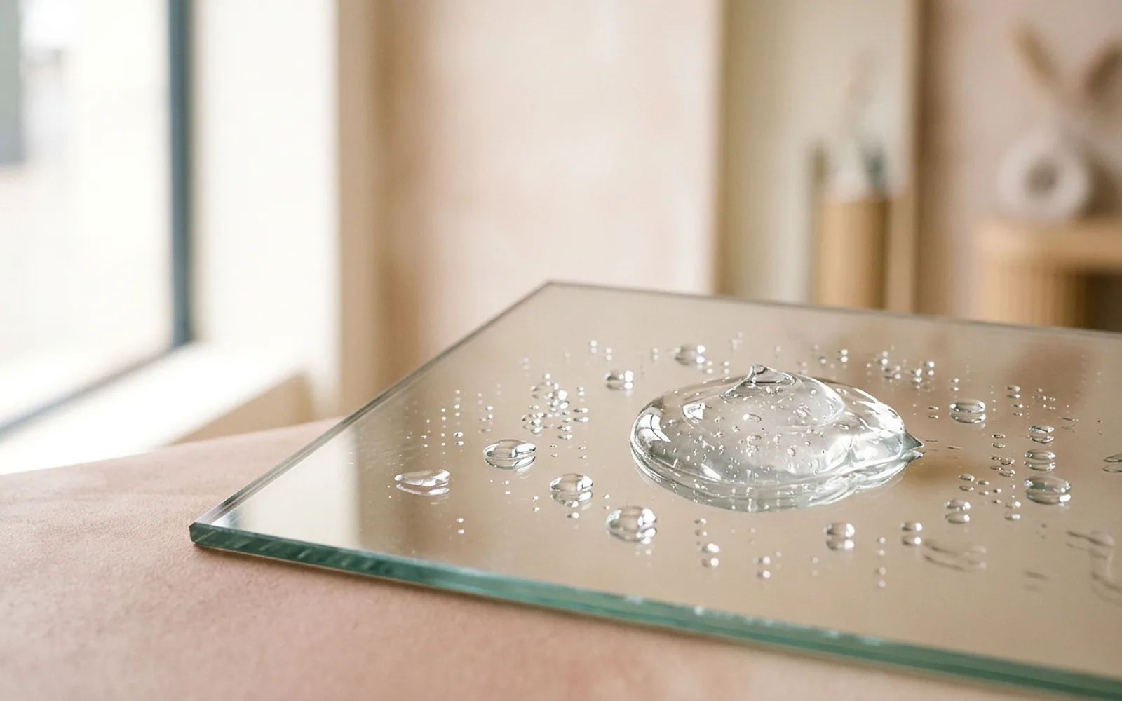 Textura de gel de xampu transparente com gotas de água em luz suave