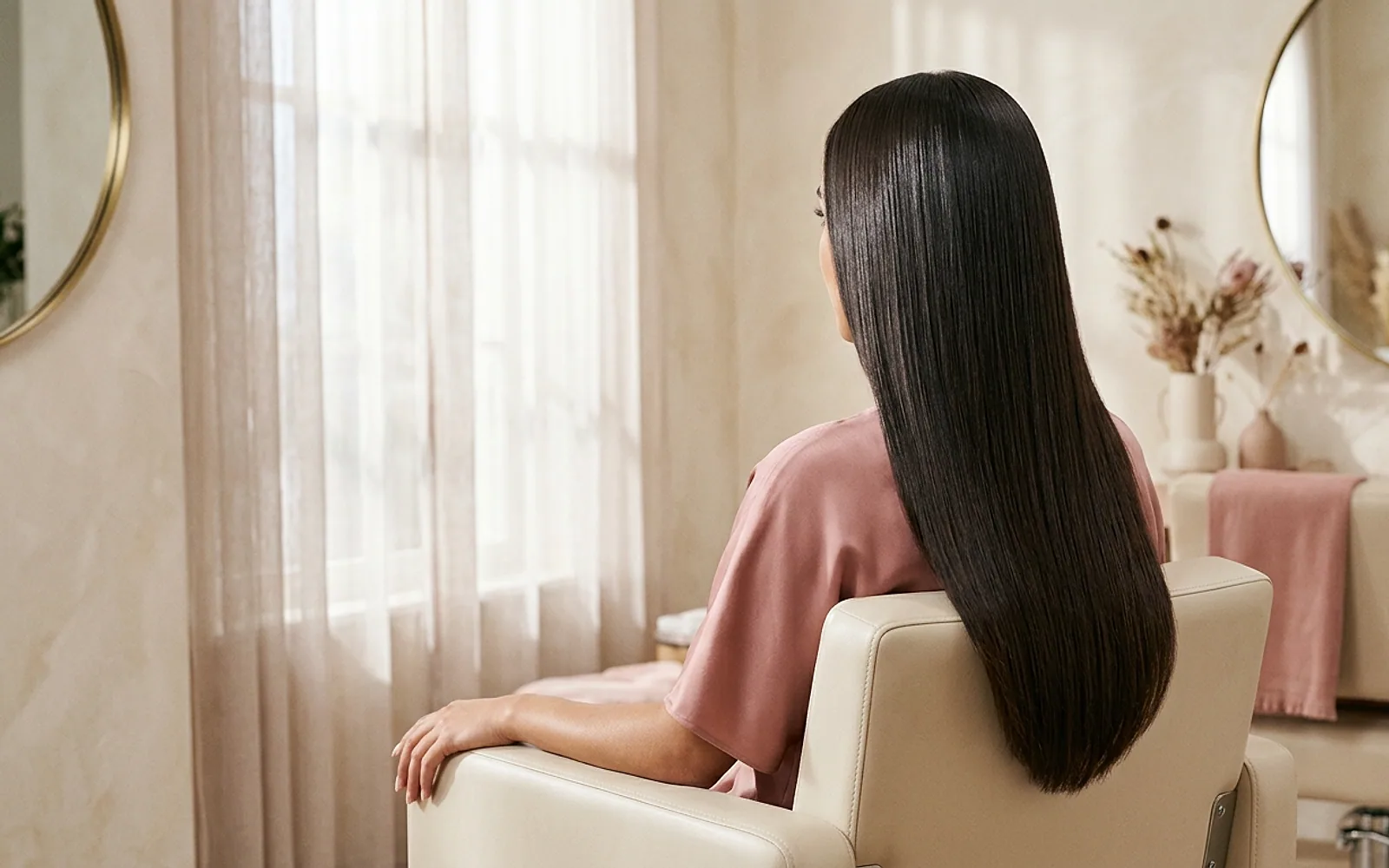 Cabelo longo alisado com brilho após tratamento de alisamento profissional