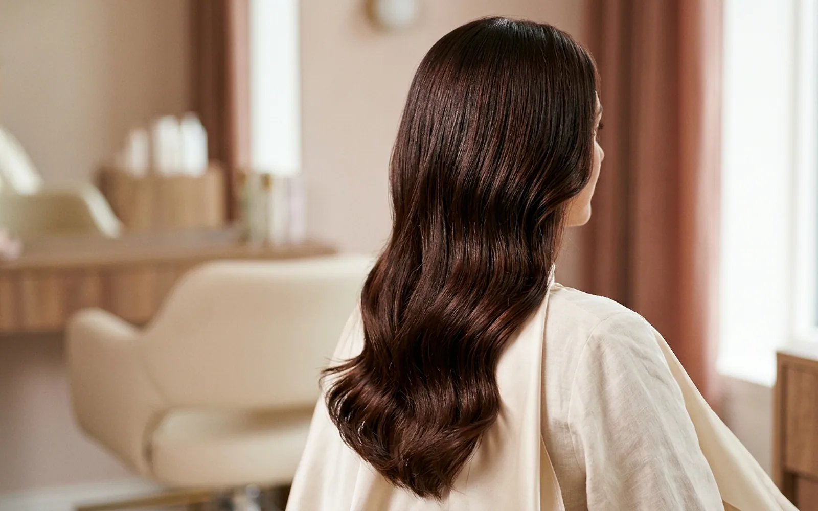 Cabelo escuro com coloração profissional brilhante feita em salão