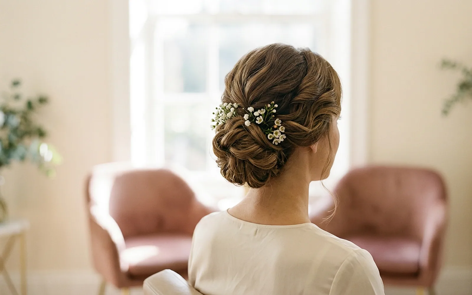 Penteado elegante com ondas suaves e maquiagem de evento em ambiente claro