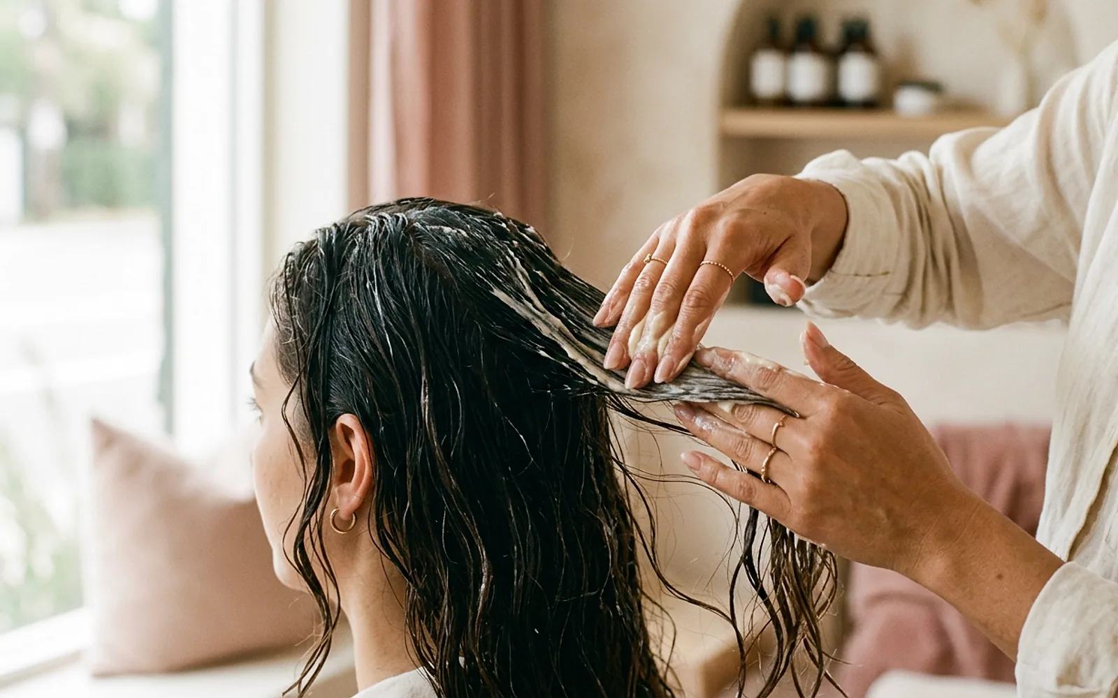 Aplicação de máscara de tratamento em cabelo úmido no salão
